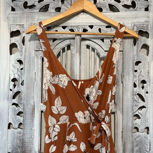 Anthropologie Brown Ruffled Floral Faux Wrap Midi Dress