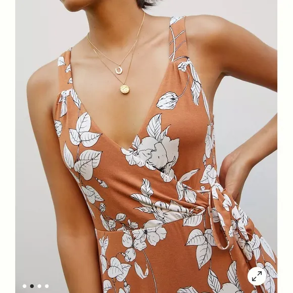 Anthropologie Brown Ruffled Floral Faux Wrap Midi Dress