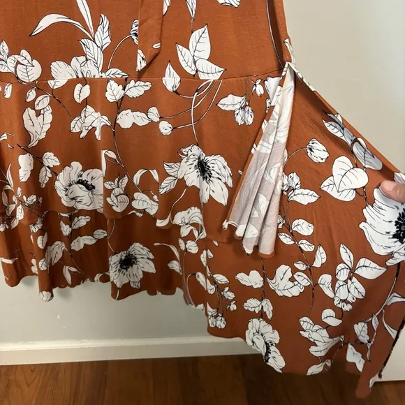 Anthropologie Brown Ruffled Floral Faux Wrap Midi Dress