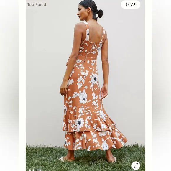 Anthropologie Brown Ruffled Floral Faux Wrap Midi Dress