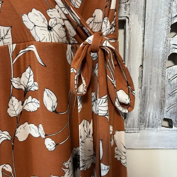 Anthropologie Brown Ruffled Floral Faux Wrap Midi Dress
