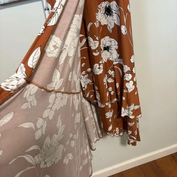 Anthropologie Brown Ruffled Floral Faux Wrap Midi Dress