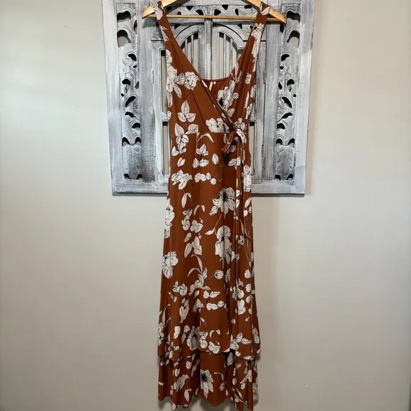 Anthropologie Brown Ruffled Floral Faux Wrap Midi Dress