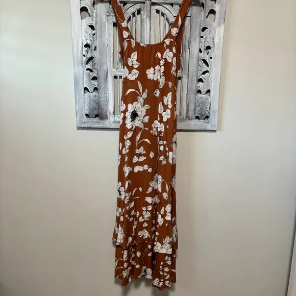 Anthropologie Brown Ruffled Floral Faux Wrap Midi Dress