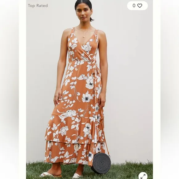Anthropologie Brown Ruffled Floral Faux Wrap Midi Dress
