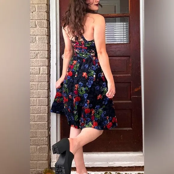 Anthropologie HD Paris Paca Halter Floral CorduroyFit&amp;Flare Retro Style Dress 2