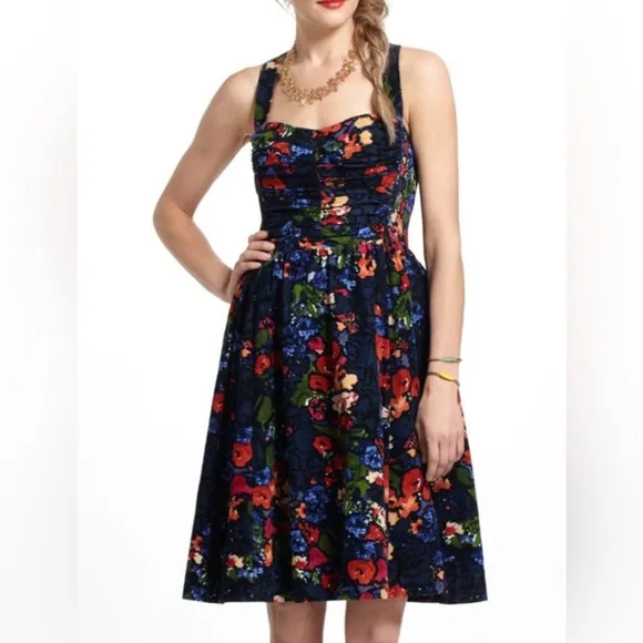 Anthropologie HD Paris Paca Halter Floral CorduroyFit&amp;Flare Retro Style Dress 2