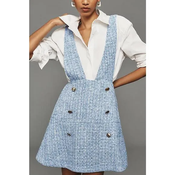 Anthropologie Maeve -Tweed Pinafore skirt, Blue Suspender Dress, size 6