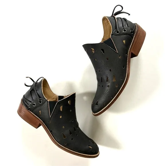 Anthropologie Musse &amp; Cloud Black Leather Coolise Cutout Corset Lace Anke Boots
