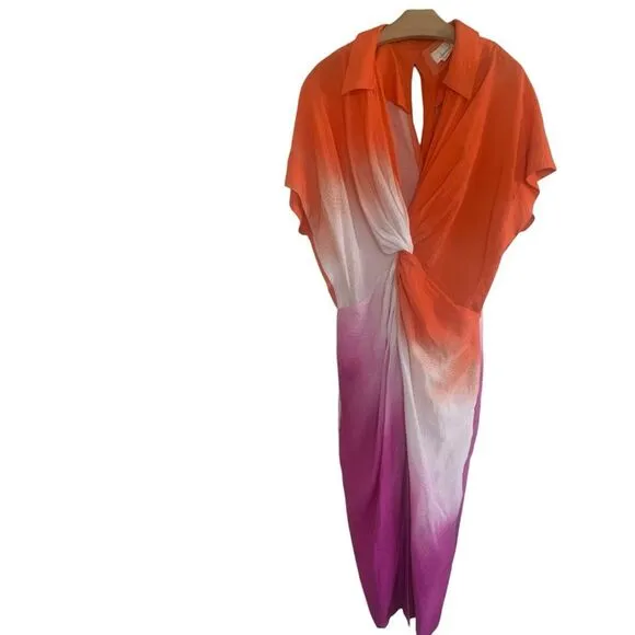 Anthropologie Orange Pink Ombre Short Sleeve Twist-Front Midi Shirt Dress Medium
