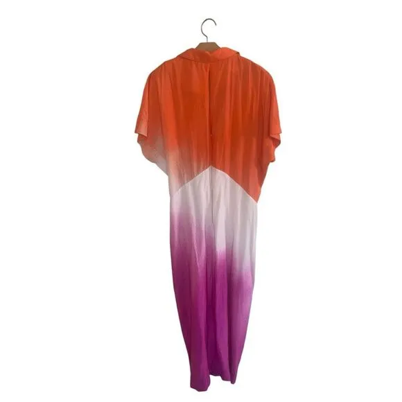 Anthropologie Orange Pink Ombre Short Sleeve Twist-Front Midi Shirt Dress Medium