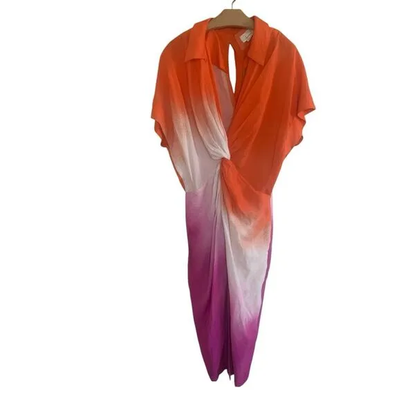 Anthropologie Orange Pink Ombre Short Sleeve Twist-Front Midi Shirt Dress Medium