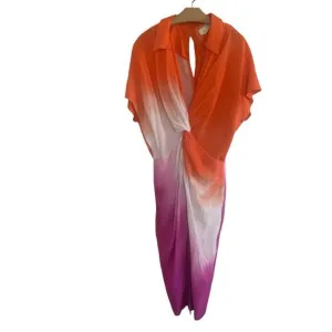 Anthropologie Orange Pink Ombre Short Sleeve Twist-Front Midi Shirt Dress Medium