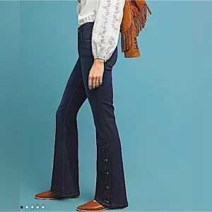 ANTHROPOLOGIE Pilcro Dark Wash High Rise Button Hem Boho Indie Bootcut Jeans