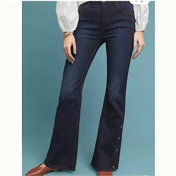 ANTHROPOLOGIE Pilcro Dark Wash High Rise Button Hem Boho Indie Bootcut Jeans