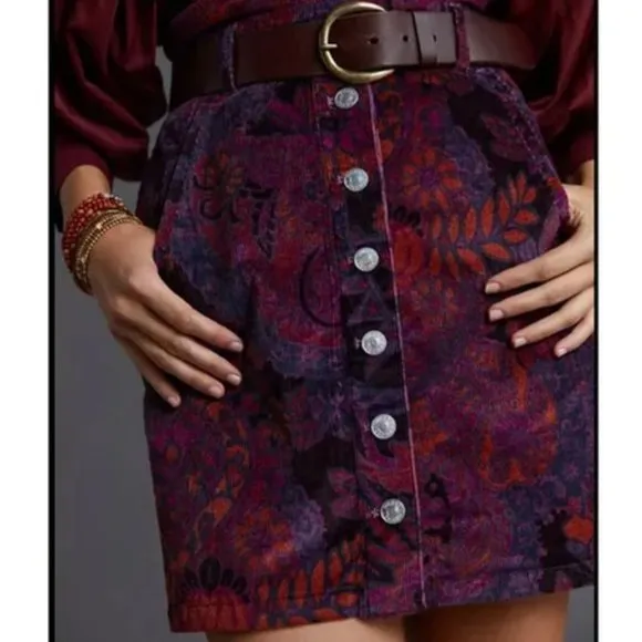 Anthropologie Pilcro Floral Corduroy Button Front Mini Skirt Purple NWT