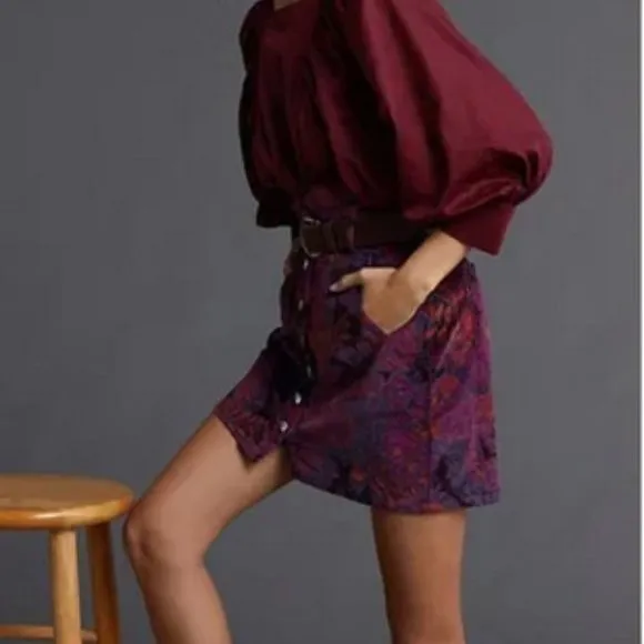 Anthropologie Pilcro Floral Corduroy Button Front Mini Skirt Purple NWT