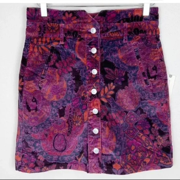 Anthropologie Pilcro Floral Corduroy Button Front Mini Skirt Purple NWT