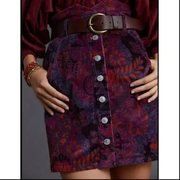 Anthropologie Pilcro Floral Corduroy Button Front Mini Skirt Purple NWT