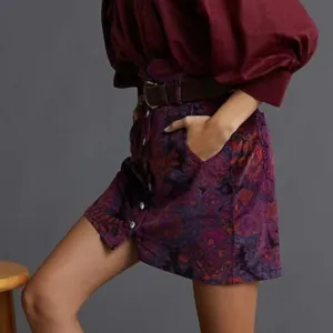 Anthropologie Pilcro Floral Corduroy Button Front Mini Skirt Purple NWT