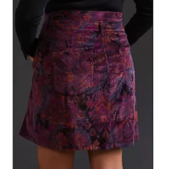 Anthropologie Pilcro Floral Corduroy Button Front Mini Skirt Purple NWT