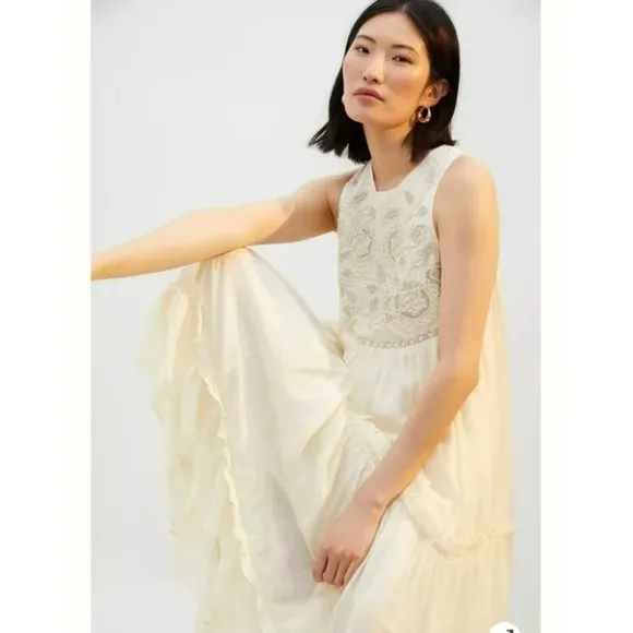Anthropologie Pinnacle Cream Embroidered Maxi Boho Dress Sz L