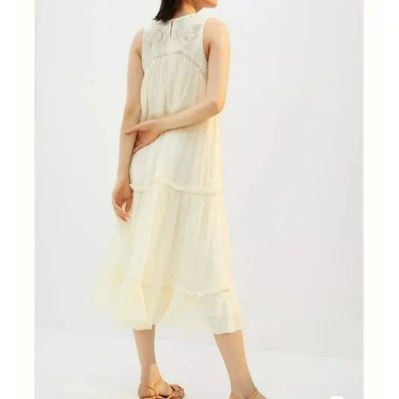 Anthropologie Pinnacle Cream Embroidered Maxi Boho Dress Sz L