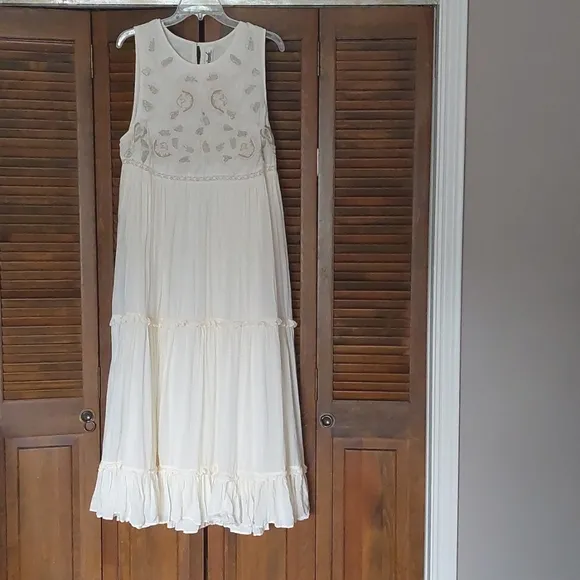 Anthropologie Pinnacle Cream Embroidered Maxi Boho Dress Sz L