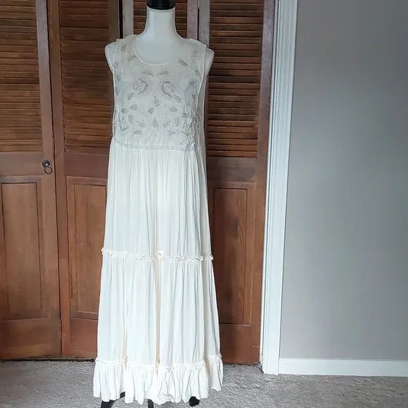 Anthropologie Pinnacle Cream Embroidered Maxi Boho Dress Sz L