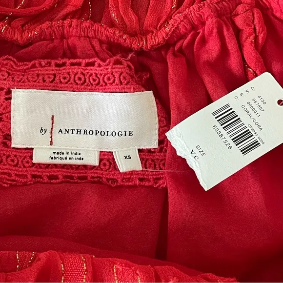 Anthropologie Tiered Ruffle Midi Dress Coral Metallic Fairycore Boho Prairie NWT