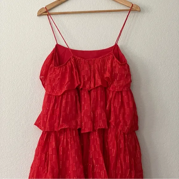 Anthropologie Tiered Ruffle Midi Dress Coral Metallic Fairycore Boho Prairie NWT