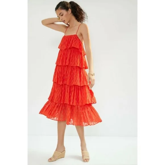 Anthropologie Tiered Ruffle Midi Dress Coral Metallic Fairycore Boho Prairie NWT