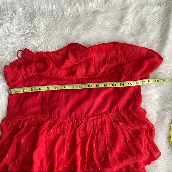 Anthropologie Tiered Ruffle Midi Dress Coral Metallic Fairycore Boho Prairie NWT