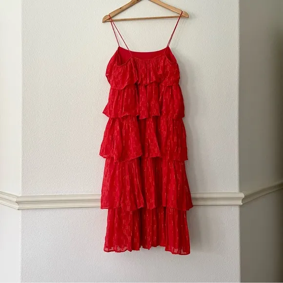 Anthropologie Tiered Ruffle Midi Dress Coral Metallic Fairycore Boho Prairie NWT