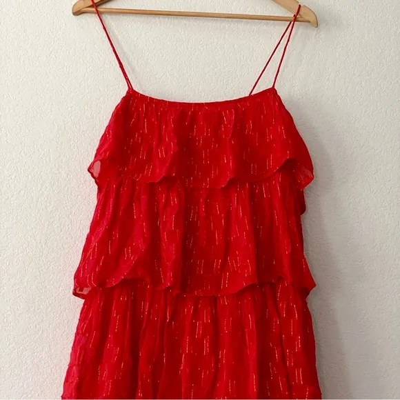 Anthropologie Tiered Ruffle Midi Dress Coral Metallic Fairycore Boho Prairie NWT