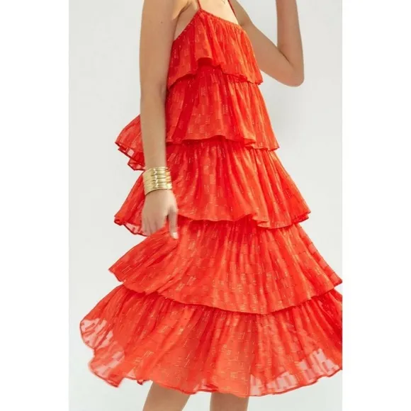 Anthropologie Tiered Ruffle Midi Dress Coral Metallic Fairycore Boho Prairie NWT