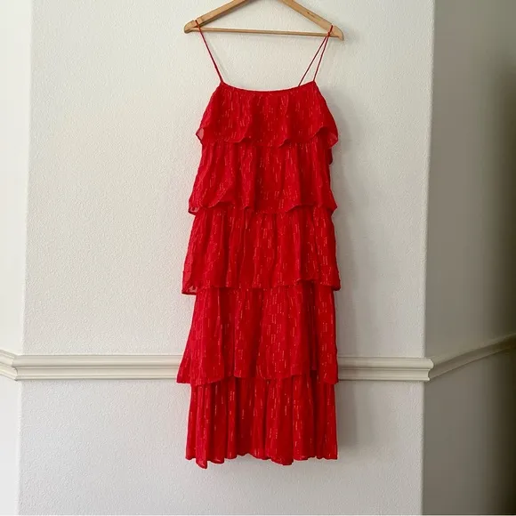 Anthropologie Tiered Ruffle Midi Dress Coral Metallic Fairycore Boho Prairie NWT