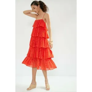 Anthropologie Tiered Ruffle Midi Dress Coral Metallic Fairycore Boho Prairie NWT