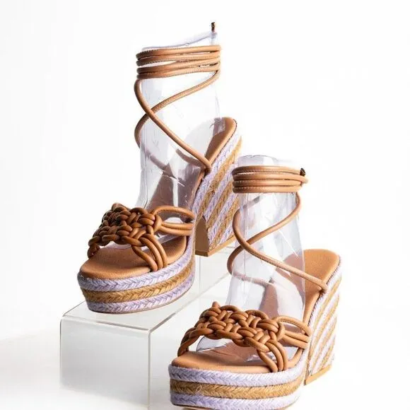 Anthropologie Womens Raffia Platform Ankle Tie Sandals US 9 EU 40 Purple NWB