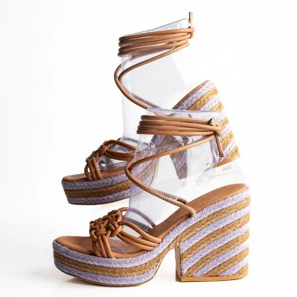 Anthropologie Womens Raffia Platform Ankle Tie Sandals US 9 EU 40 Purple NWB