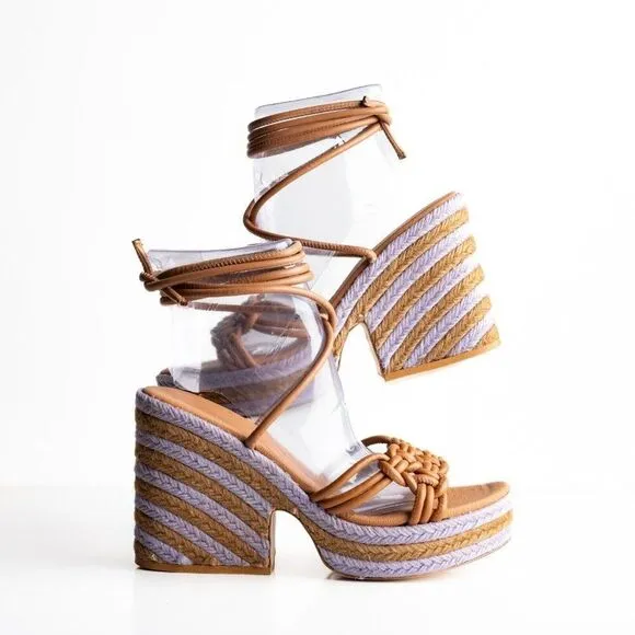 Anthropologie Womens Raffia Platform Ankle Tie Sandals US 9 EU 40 Purple NWB