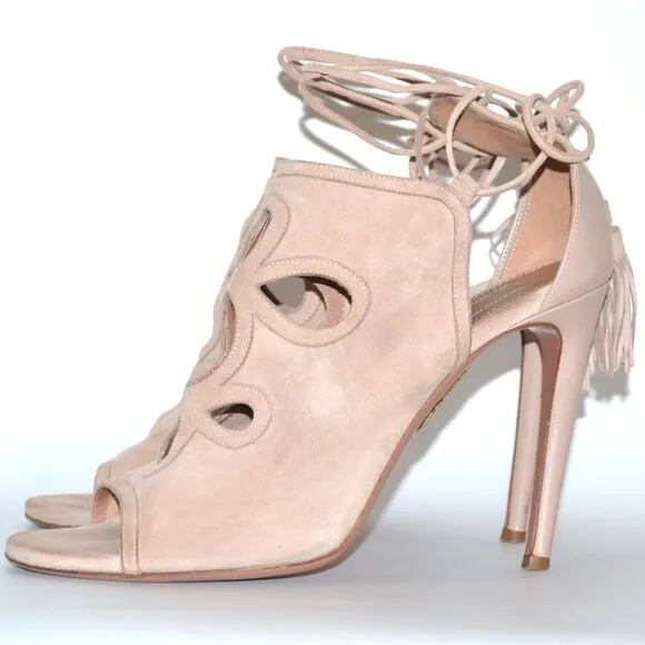 Aquazzura Nude Get Me Everywhere 105 Suede Sandal Heels SIZE 8 EU 38