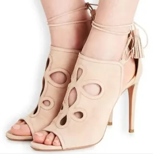 Aquazzura Nude Get Me Everywhere 105 Suede Sandal Heels SIZE 8 EU 38
