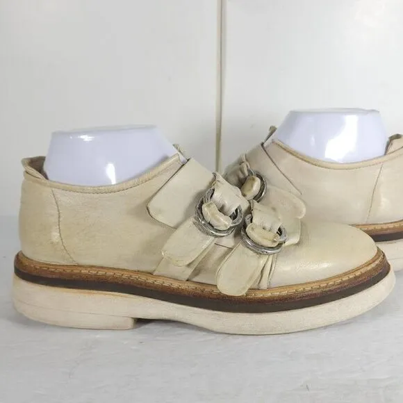 A.S.98 Women's US 37 US 6-6,5 Beige Leather Double Straps Platform Loafer Shoes
