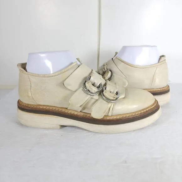 A.S.98 Women's US 37 US 6-6,5 Beige Leather Double Straps Platform Loafer Shoes