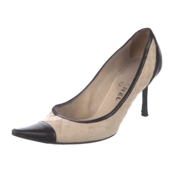Authentic Chanel Quilted Beige Leather Pumps Black Toe Embroidered IT 39.5