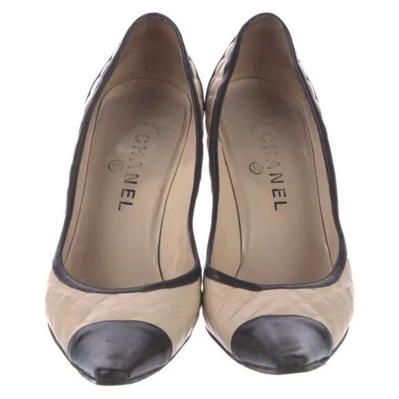 Authentic Chanel Quilted Beige Leather Pumps Black Toe Embroidered IT 39.5