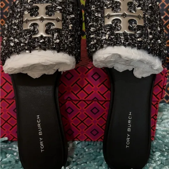 Authentic Tory Burch Everly Slide Black Silver Confetti Size 6