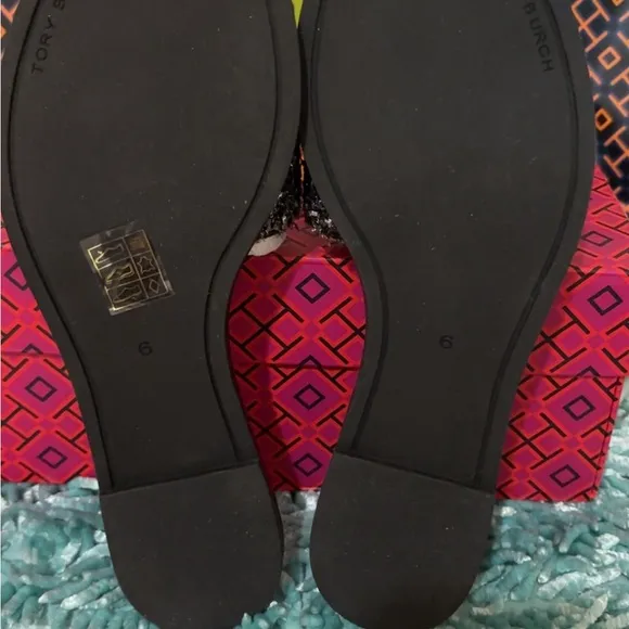 Authentic Tory Burch Everly Slide Black Silver Confetti Size 6