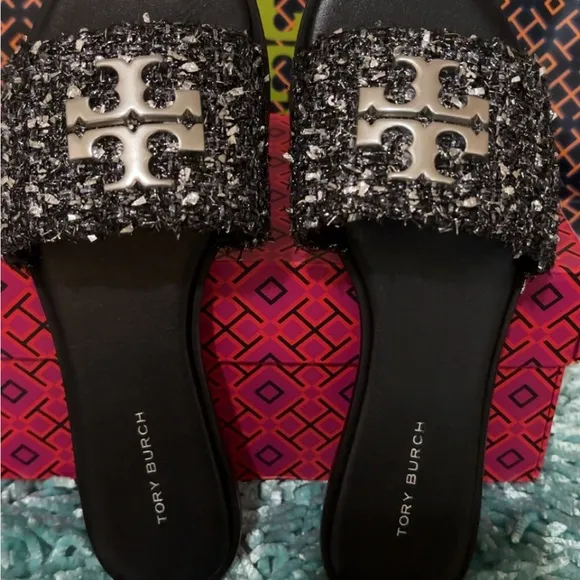 Authentic Tory Burch Everly Slide Black Silver Confetti Size 6